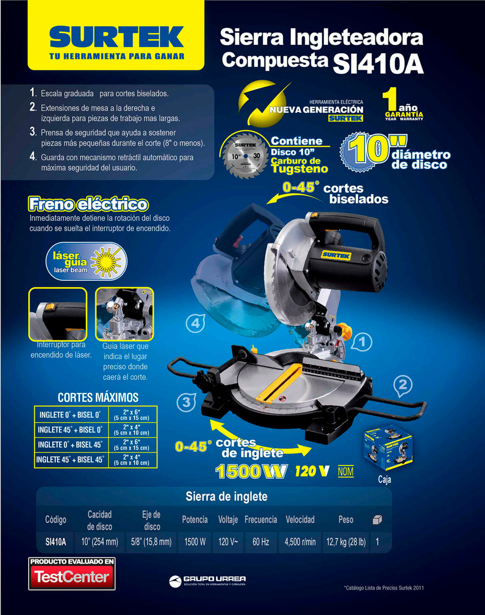 Sierra de inglete compuesta 10" 1,500 W 120 V Surtek