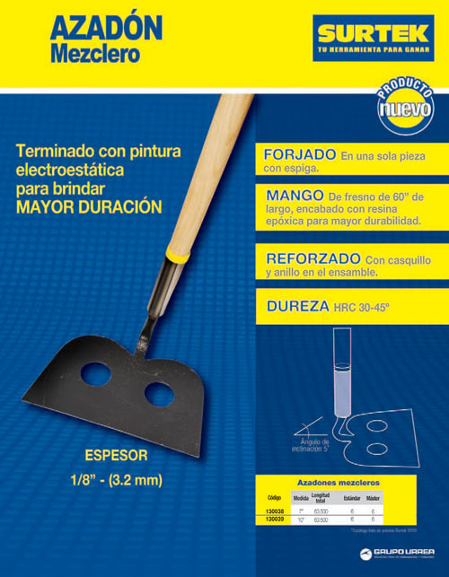 Azadón mezclero con mango de madera 60", 10" Surtek