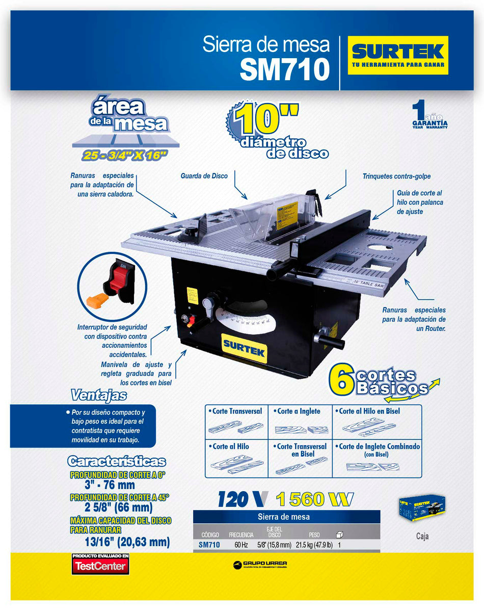 Sierra de mesa 10" 1560 W 120 V, 4800 RPM Surtek