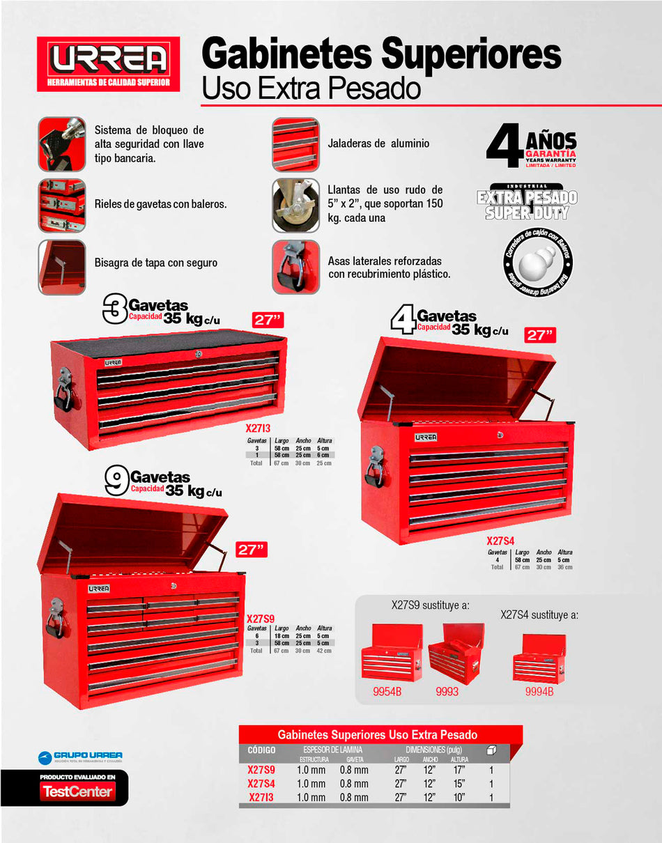 Gabinete superior 9 gavetas color rojo serie X 27" Urrea