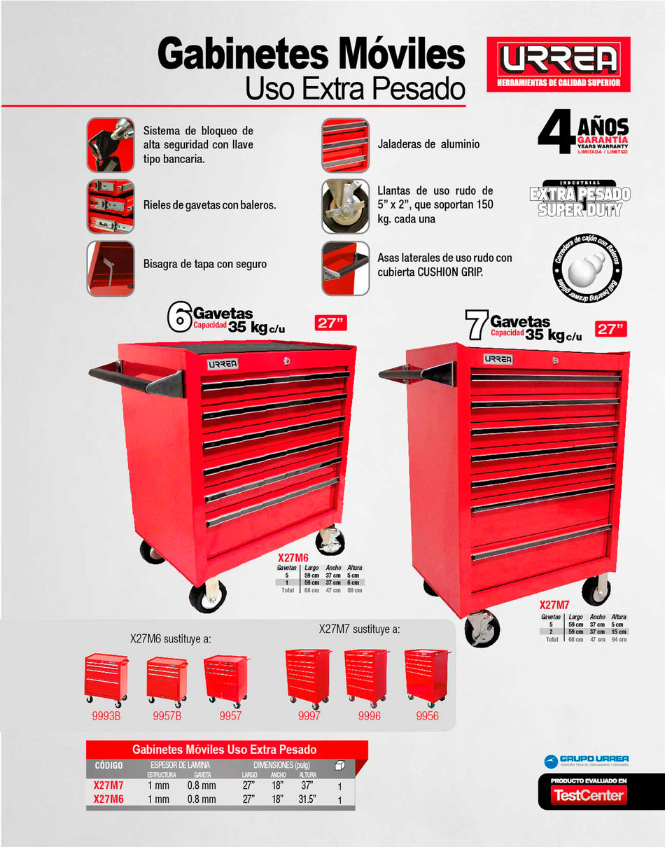 Gabinete móvil 7 gavetas color rojo serie X 27" Urrea