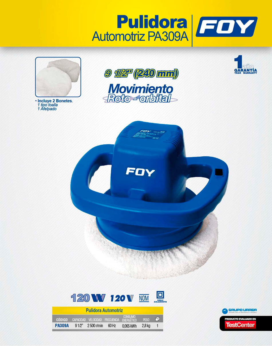 Pulidora automotriz 9" 120 W 120 V, 2500 RPM Foy
