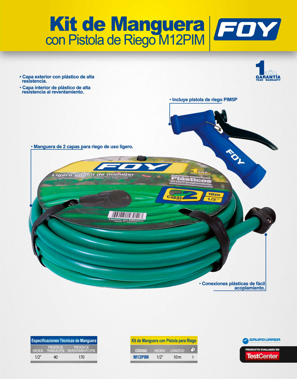 Manguera para jardín lisa con pistola para riego 2 capas 1/2", 10 m Foy