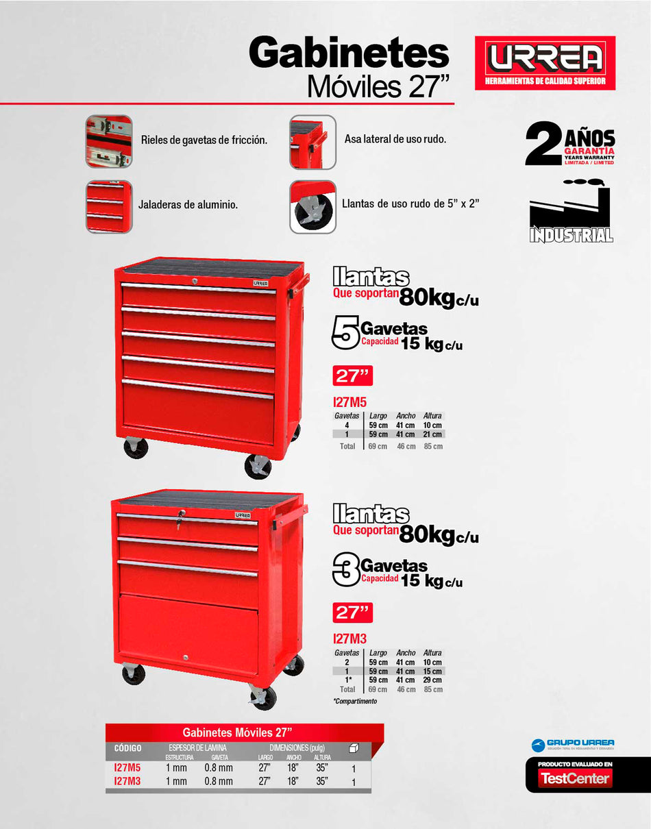 Gabinete móvil con 5 gavetas color rojo 27" serie I Urrea