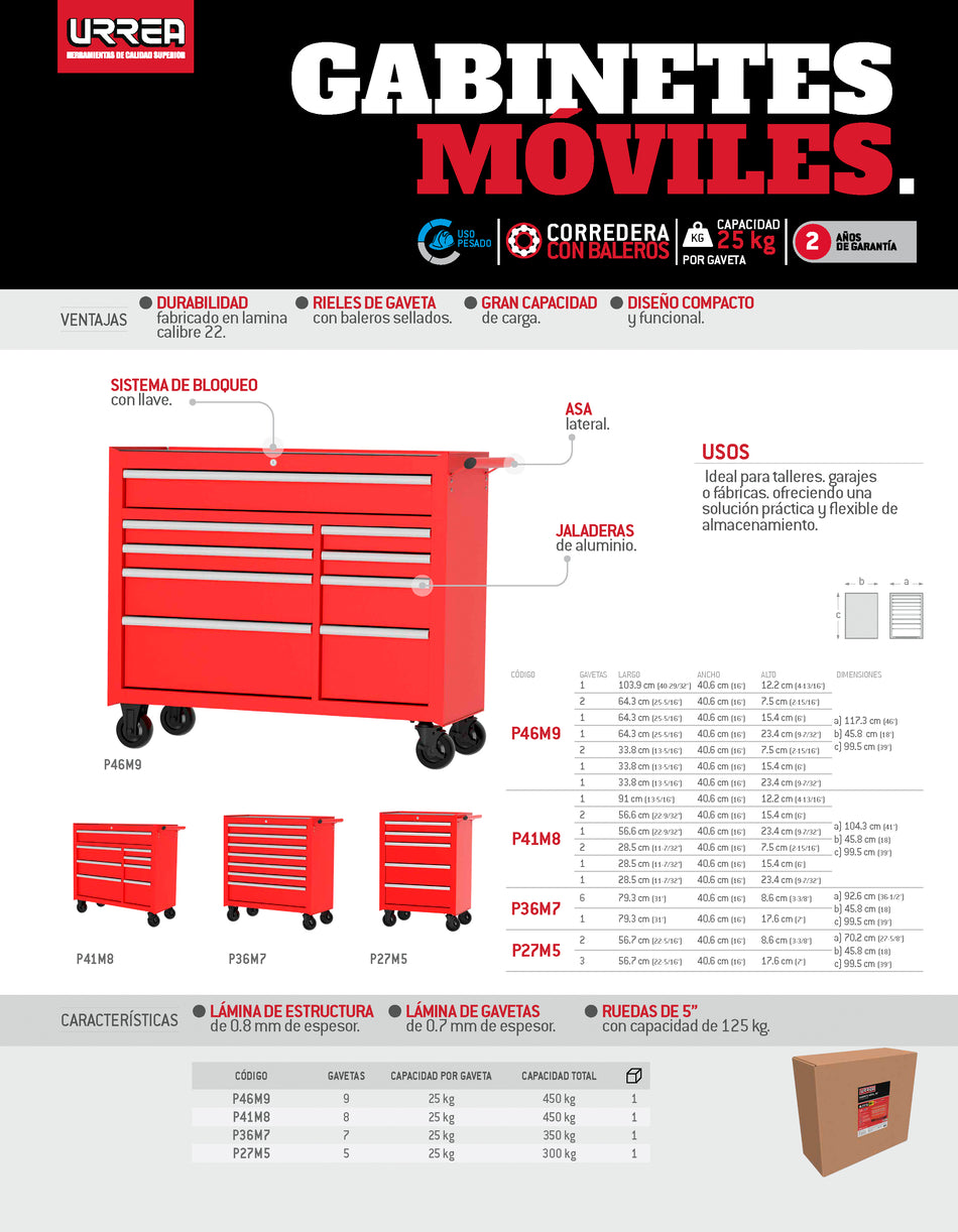 Gabinete móvil 11 gavetas color rojo serie P 41" Urrea