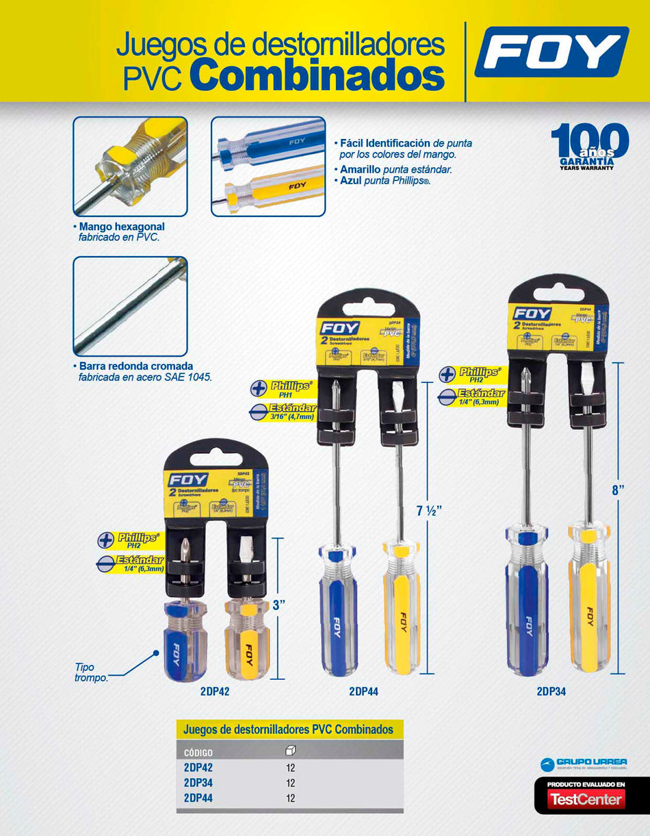 Juego de destornilladores con mango de PVC combinados tipo trompo, 2 piezas en blíster Foy