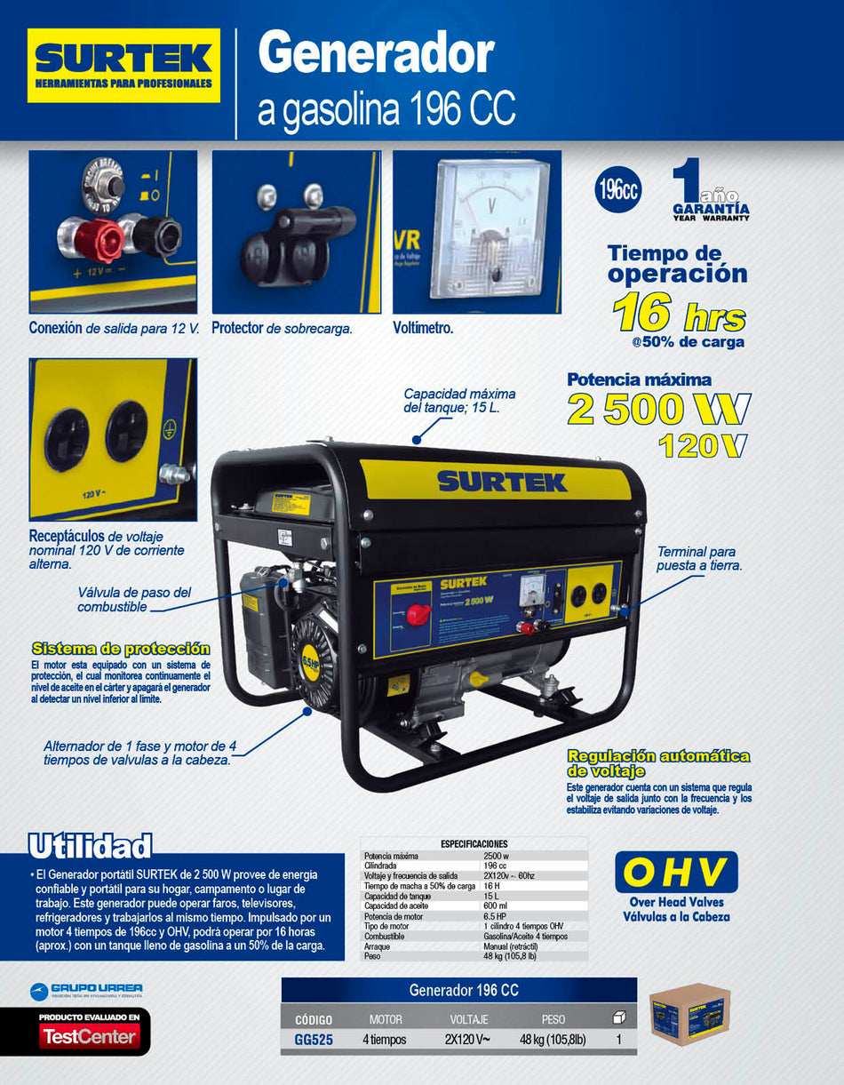 Generador a gasolina 2500 W, 196 cc, voltaje de salida 120 V Surtek