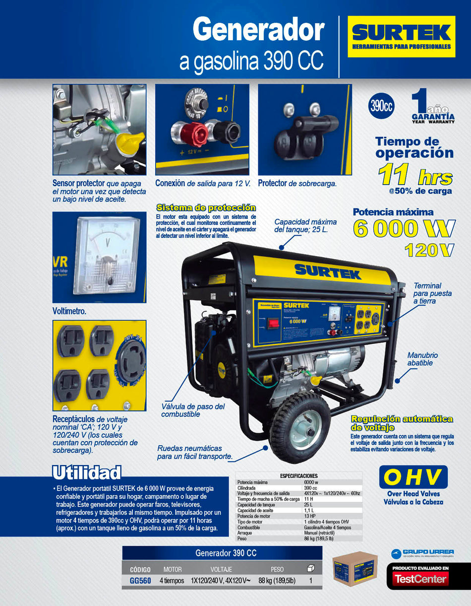 Generador a gasolina 6000 W, 390 cc, voltaje de salida 120 V Surtek
