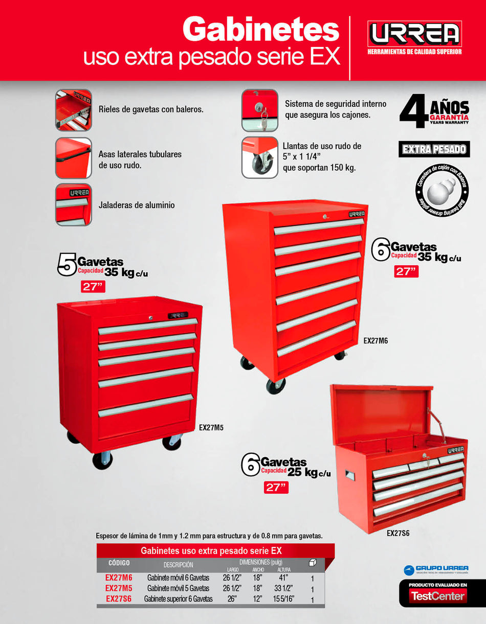 Gabinete superior 6 gavetas color rojo serie EX 27" Urrea