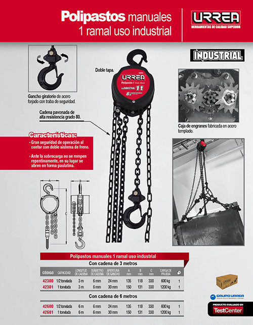 Polipasto manual 1 ramal, 1 ton, cadena 6 m Urrea