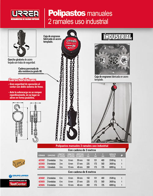 Polipasto manual 2 ramales, 3 ton, cadena 3 m Urrea