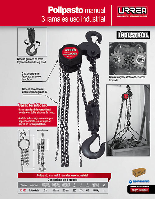 Polipasto manual 3 ramales, 7.5 ton, cadena 3 m Urrea