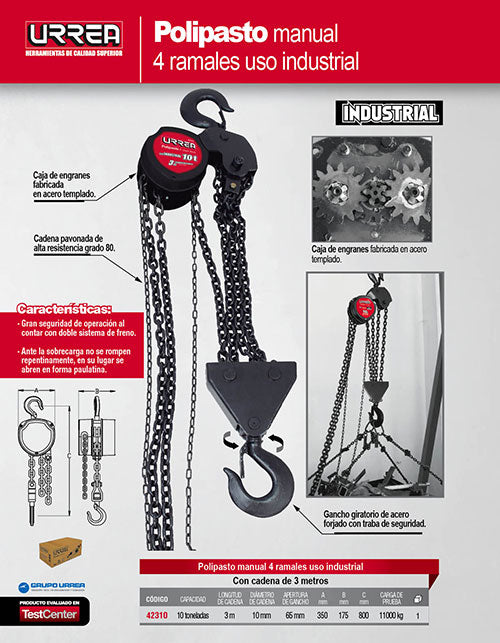 Polipasto manual 4 ramales, 10 ton, cadena 3 m Urrea