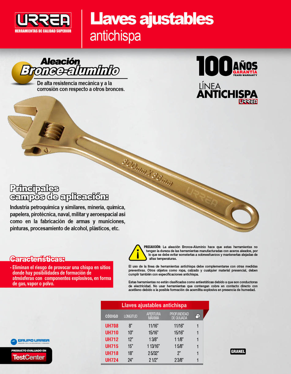 Llave ajustable de bronce-aluminio antichispa de 10" Urrea