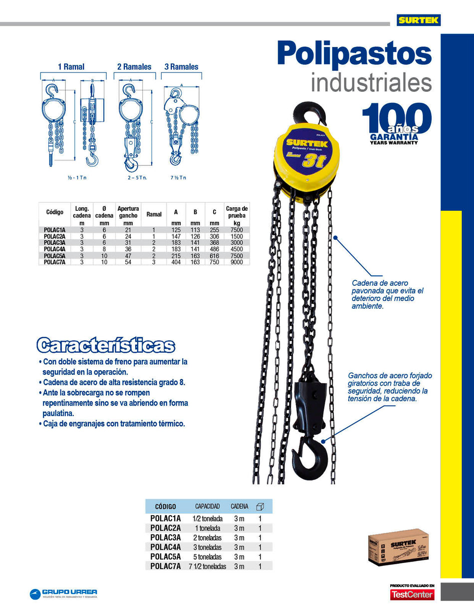 Polipasto manual 1 ramal, 1 ton, cadena 3 m Surtek