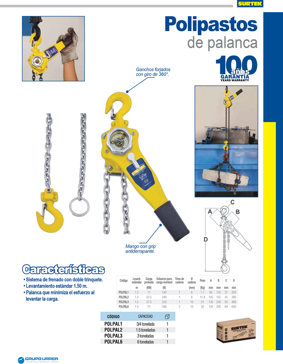 Polipasto manual de palanca  3 ton, 1.5 m Surtek