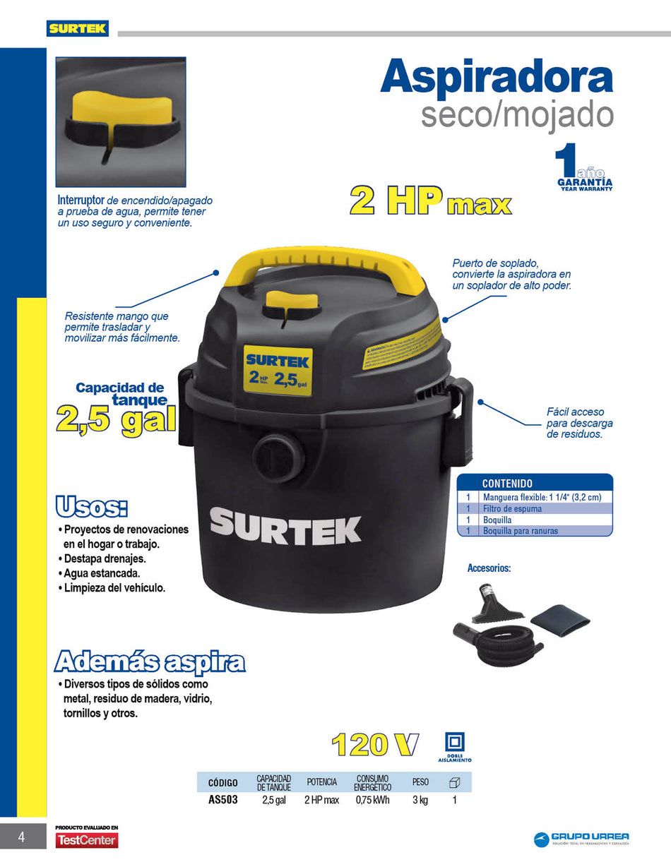 Aspiradora de plástico 2.5 galones, 2 HP 120 V Surtek