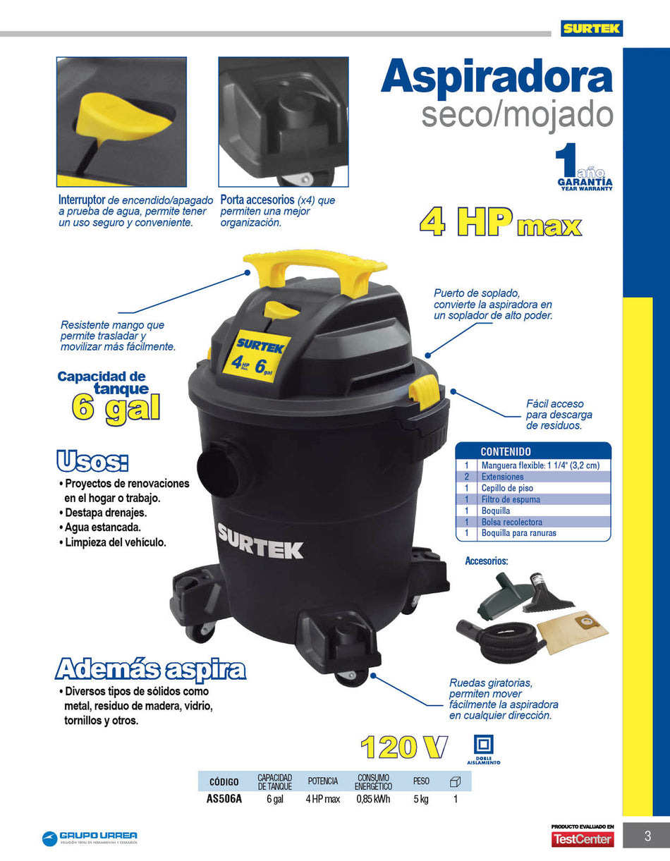 Aspiradora de plástico 6 galones, 4 HP 120 V Surtek