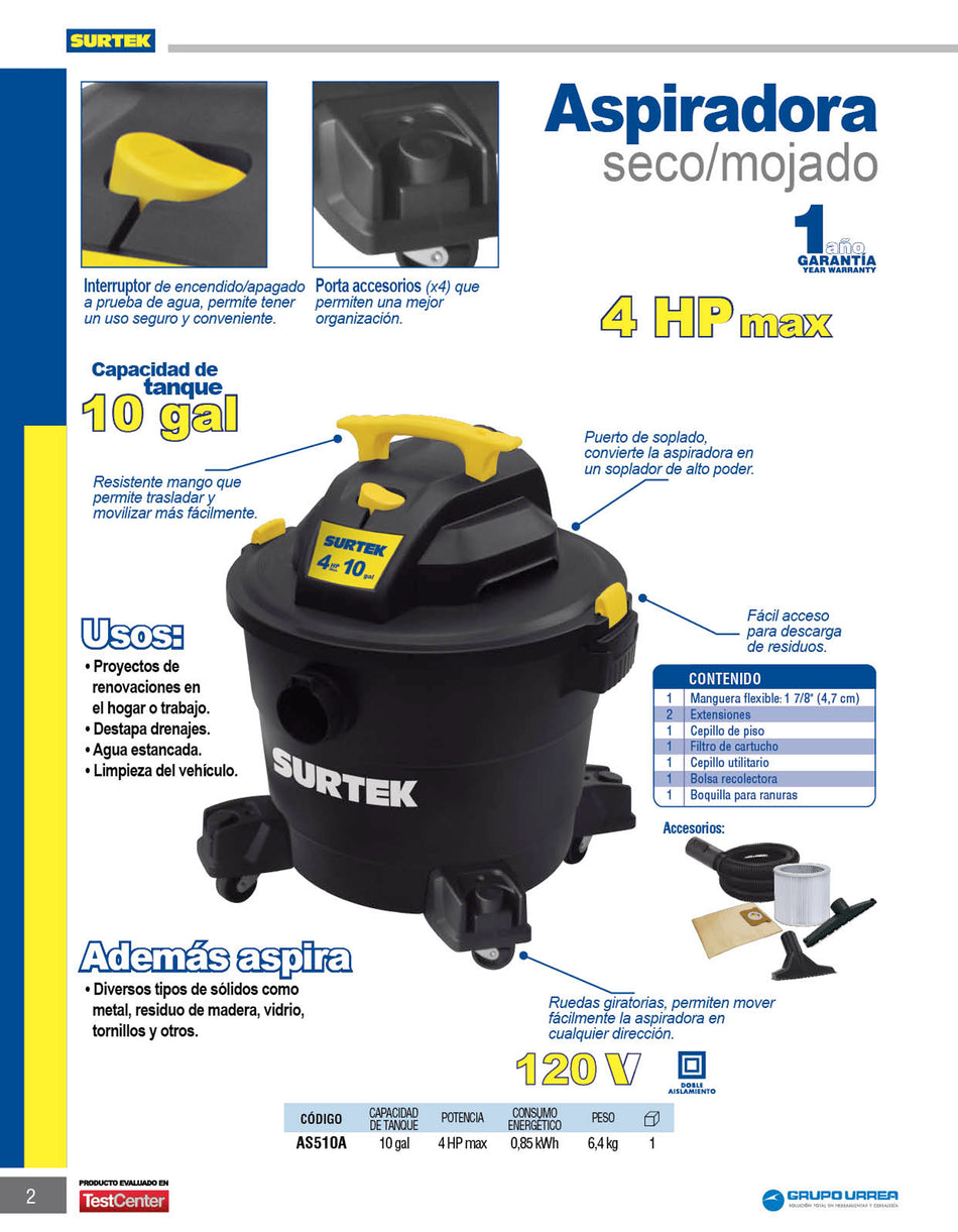 Aspiradora de plástico 10 galones, 4 HP 120 V Surtek