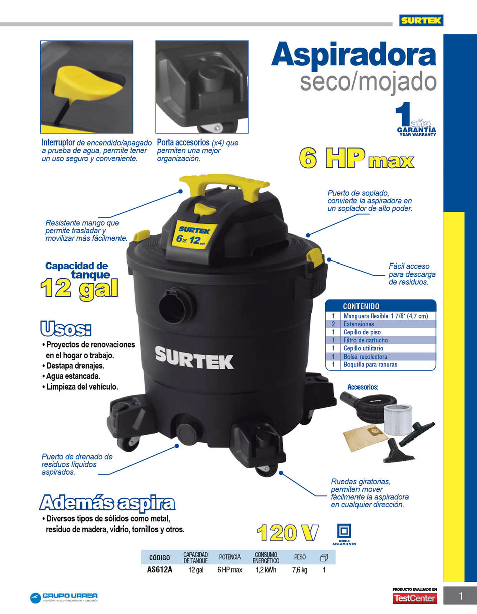 Aspiradora de plástico 12 galones, 6 HP 120 V Surtek