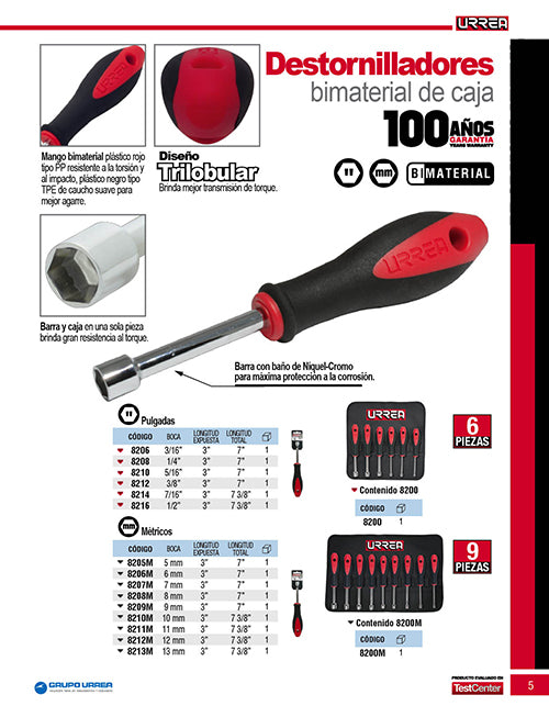 Destornillador con mango bimaterial, de caja en pulgadas 3/16" x 3" Urrea