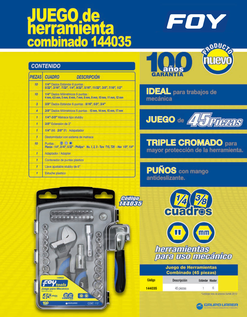 Juego combinado de herramienta 45 piezas, con estuche plástico Foy