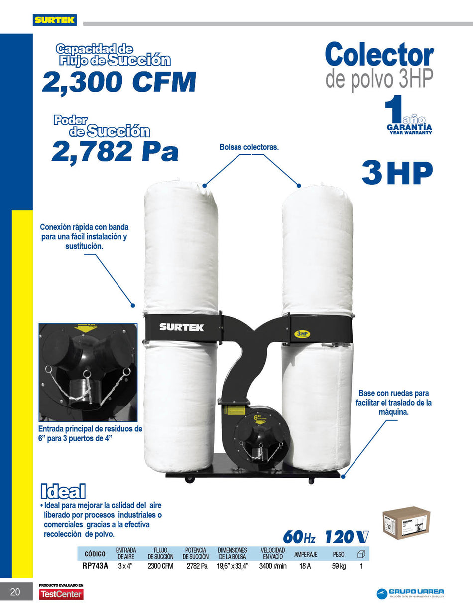 Colector de polvo 3 x 4" 3 HP 120 V, 3400 RPM Surtek