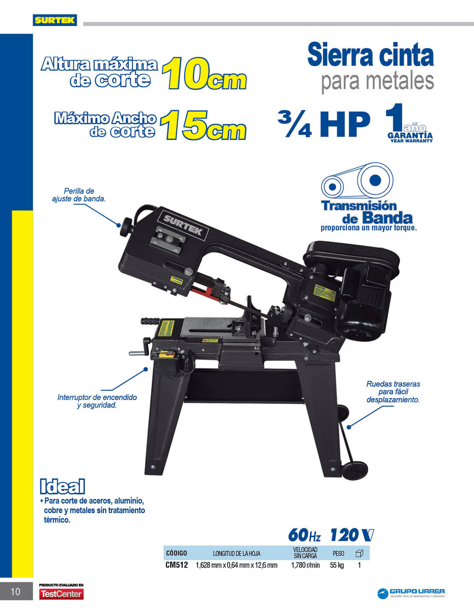 Sierra cinta para metales 4" 550 W 120 V, 1780 RPM Surtek