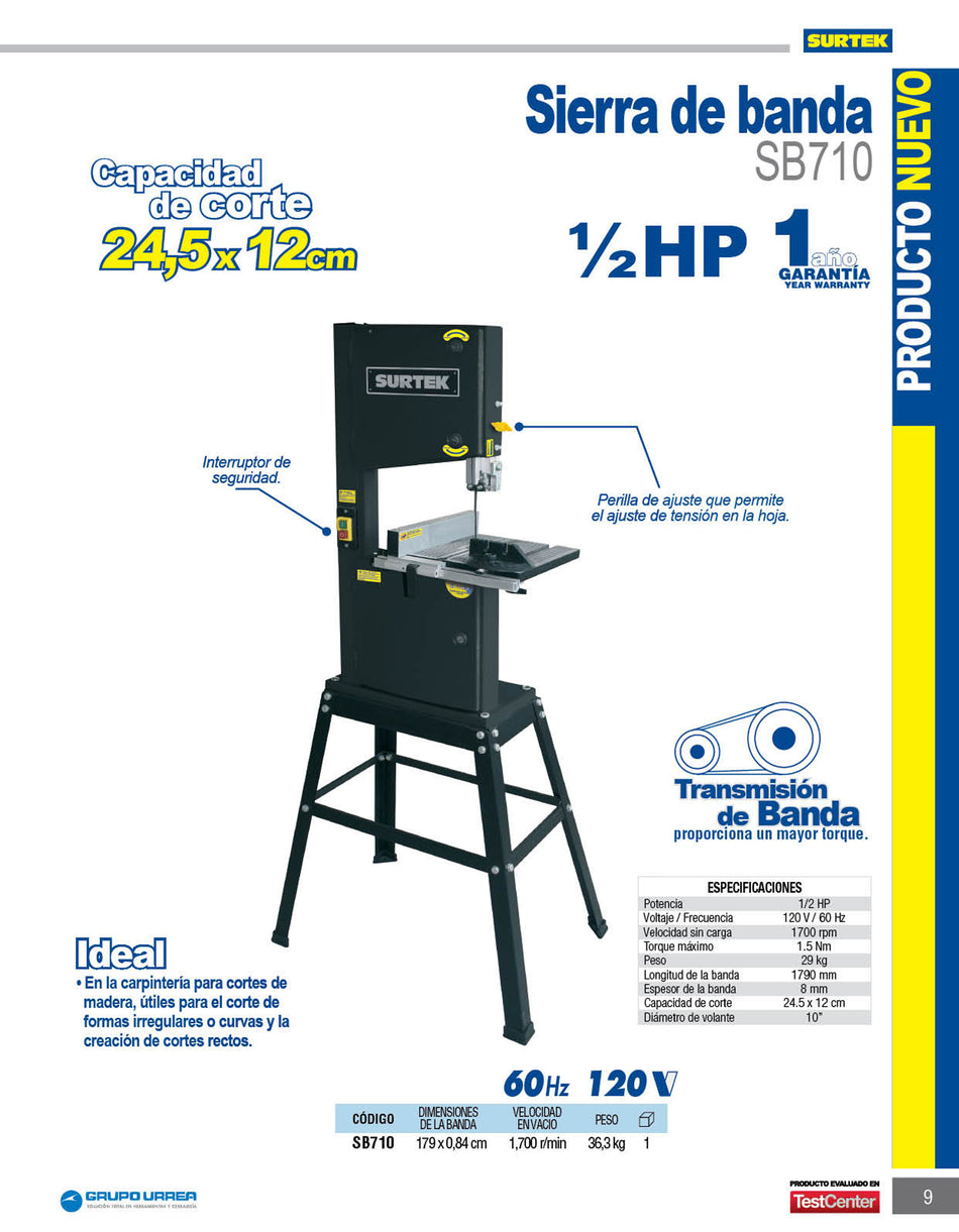 Sierra de banda 10" 1/2 HP 120 V, 1700 RPM Surtek