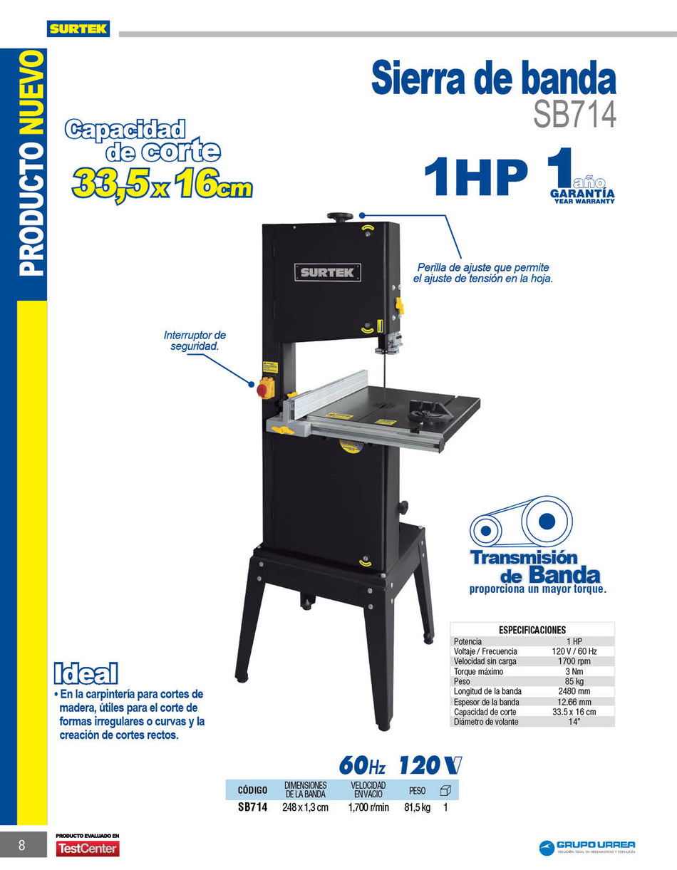 Sierra de banda 14" 1 HP 120 V, 1700 RPM Surtek