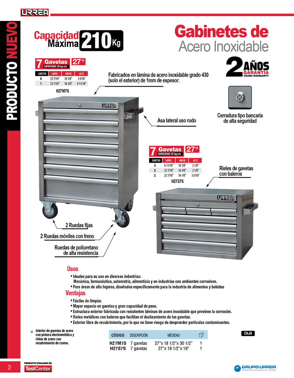 Gabinete acero inoxidable superior 7 gavetas serie H 27" Urrea