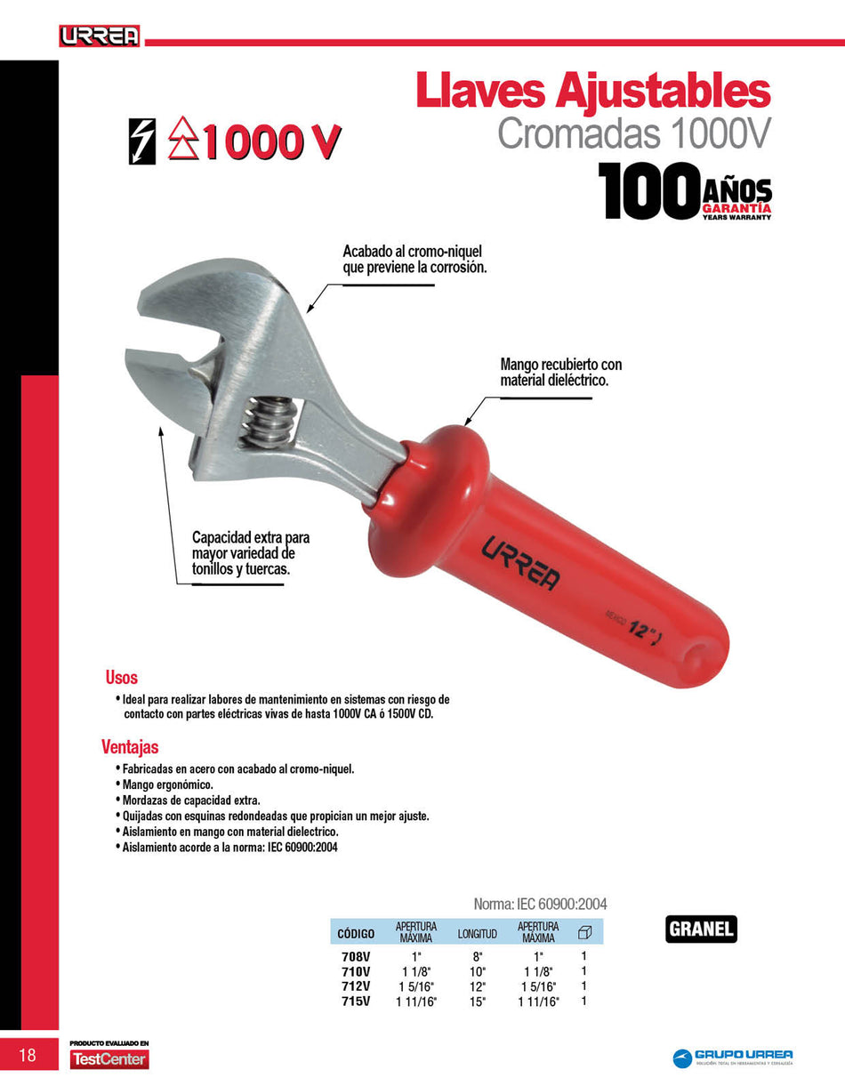 Llave ajustable 1000 V de 15" Urrea