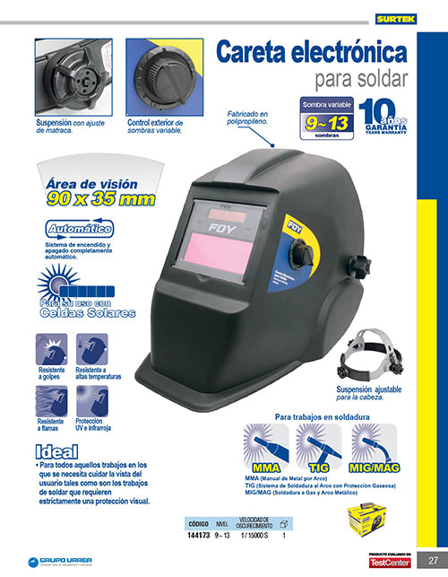 Careta electrónica para soldar con panel solar y control de sombras Foy