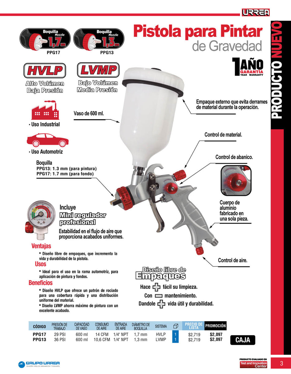 Pistola para pintar con alimentación de gravedad, capacidad 600 ml, 29 PSI Urrea