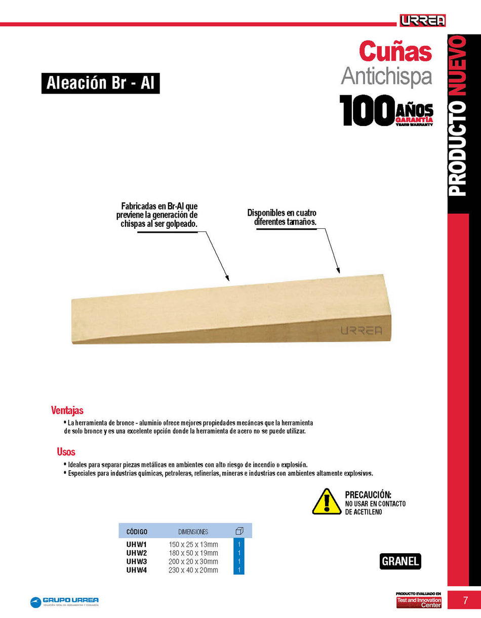 Cuña de bronce-aluminio antichispa de 150 x 25 x 13 mm Urrea