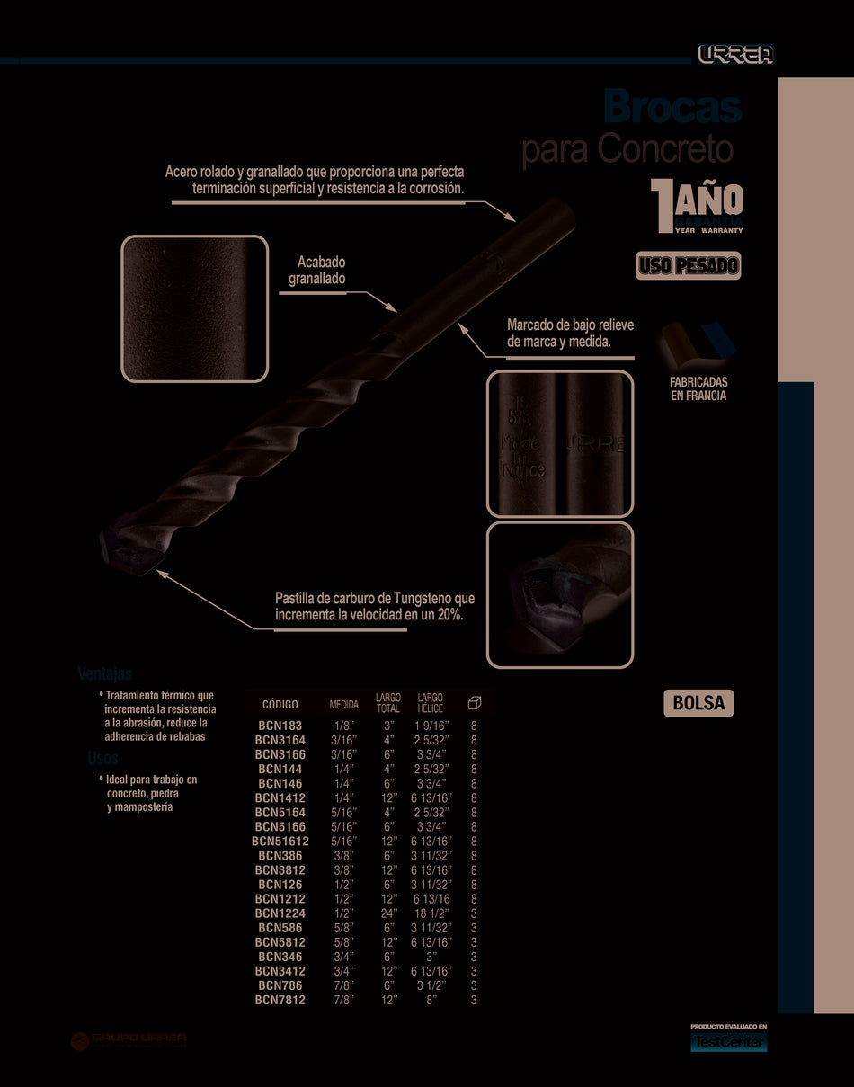 Broca para concreto de acero rolado 3/16" x 4" zanco recto Urrea