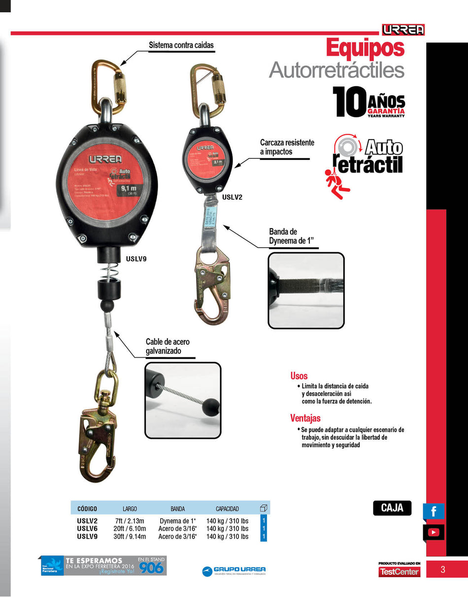 Línea de vida auto retráctil 30 Ft Urrea