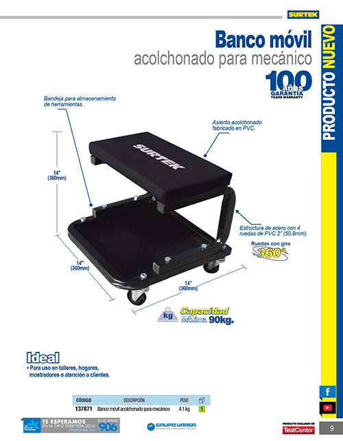Banco para mecánico móvil acolchonado, 365 mm Surtek