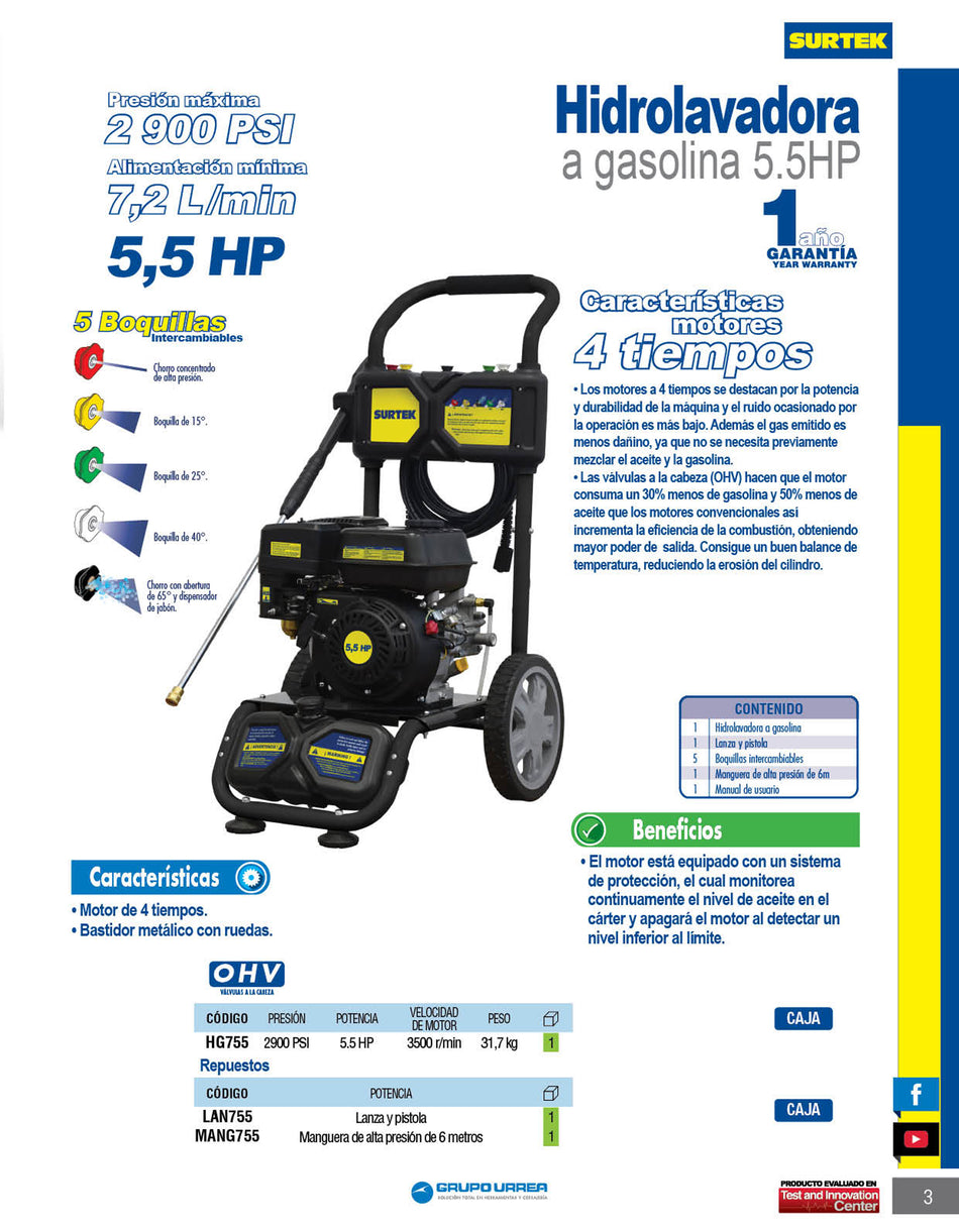 Hidrolavadora a gasolina 5.5 HP 2900 PSI, 7.2 Lt por minuto Surtek