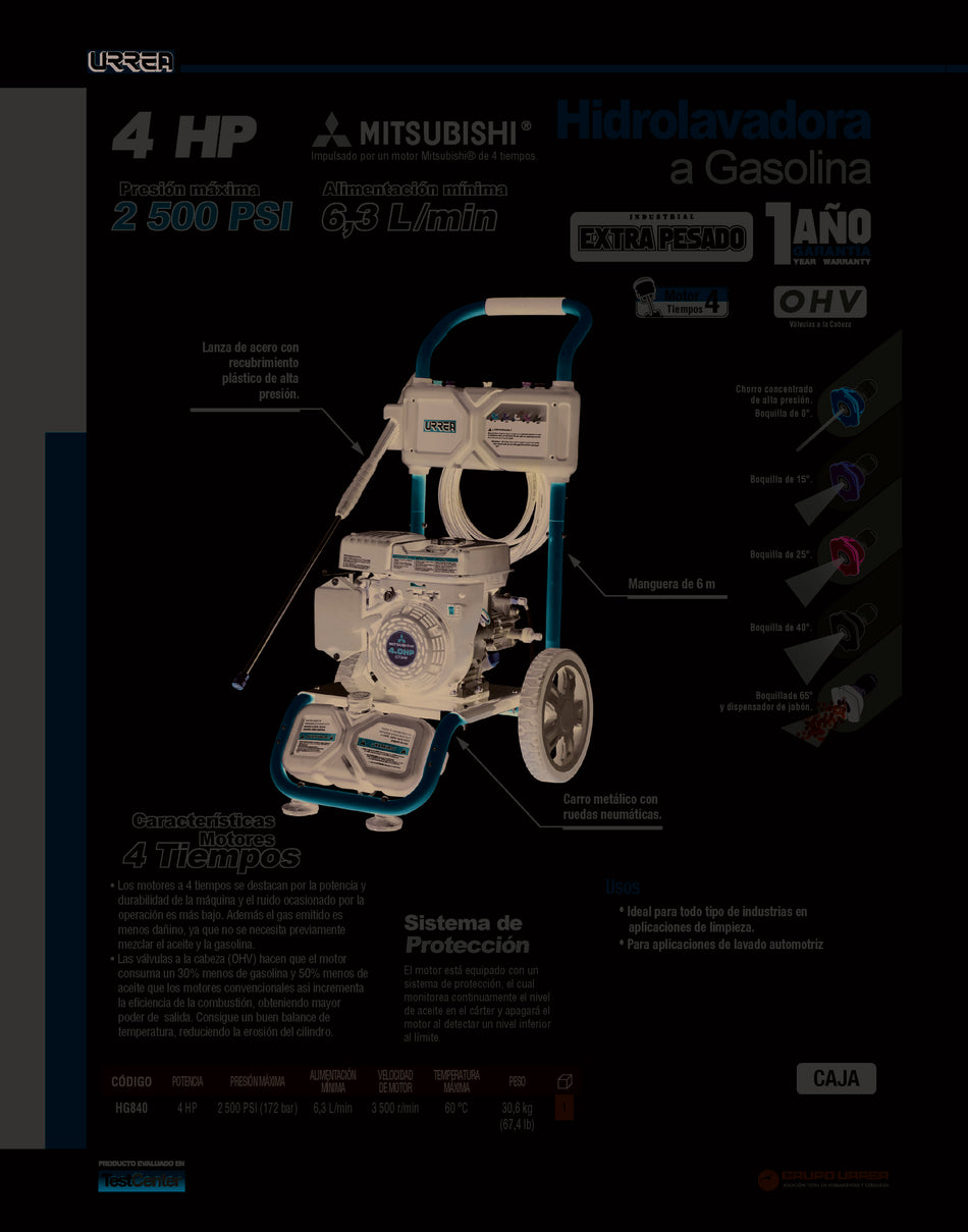Hidrolavadora a gasolina 4 HP 2500 PSI, 6.3 Lt por minuto Urrea