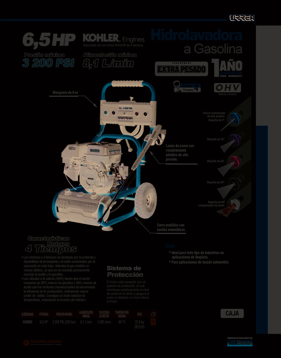 Hidrolavadora a gasolina 6.5 HP 3200 PSI, 18.1 Lt por minuto Urrea