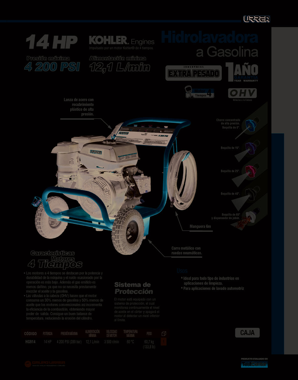 Hidrolavadora a gasolina 14 HP 4200 PSI, 12.1 Lt por minuto Urrea