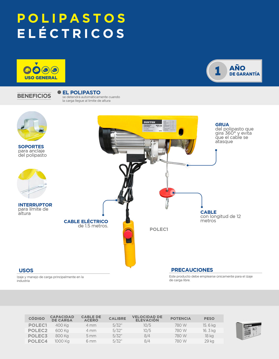 Polipasto eléctrico 1 ramal,  0.8 ton, cable 12 m Surtek