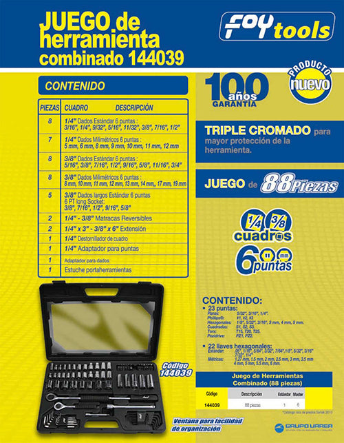 Juego combinado de herramienta 88 piezas, con estuche plástico Foy