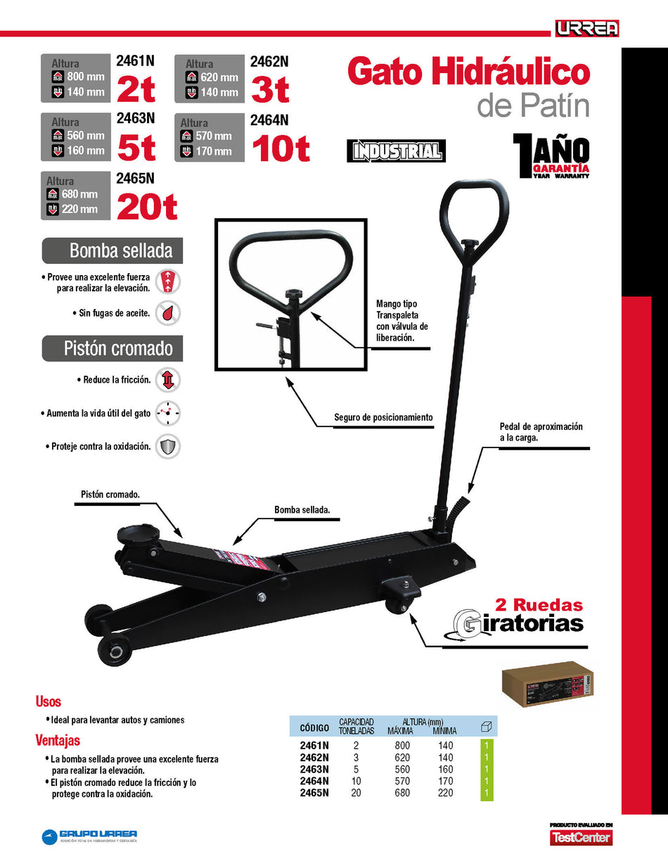 Gato hidráulico de patín con mango tipo transpaleta con válvula de liberación, 10 ton Urrea