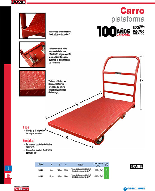 Carro plataforma 122 cm x 60 cm, 6", 1 ton Urrea