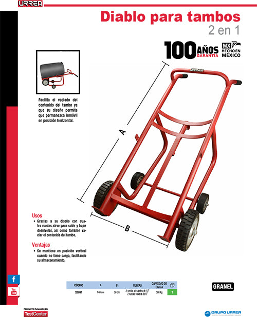 Diablo para tambos 2 en 1, capacidad 500 kg Urrea