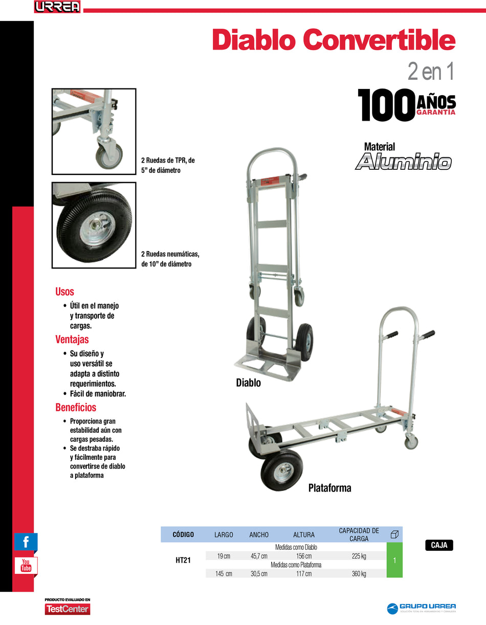 Diablo convertible 2 en 1 de aluminio capacidad 360 kg Urrea
