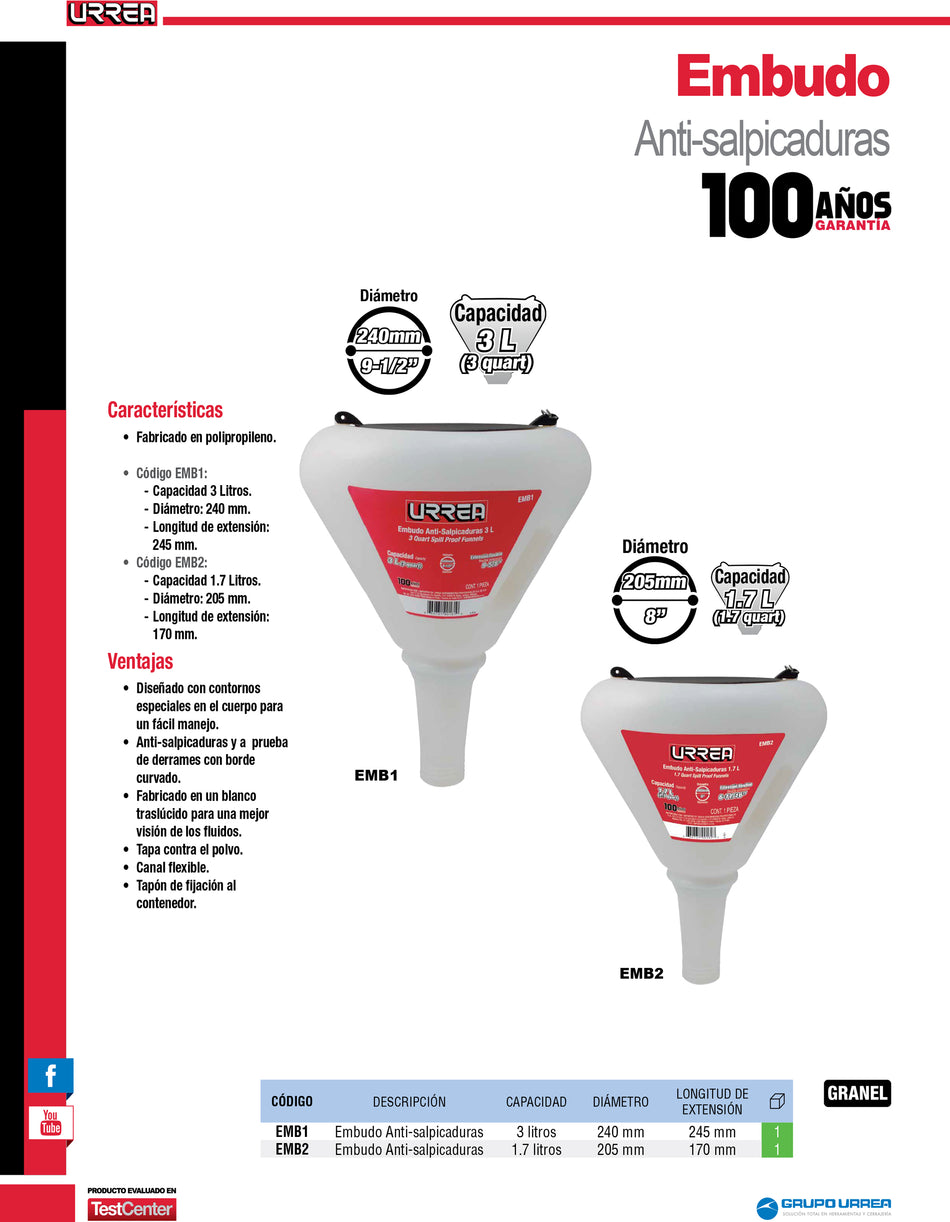 Embudo anti-salpicaduras de polipropileno 3 Lt Urrea