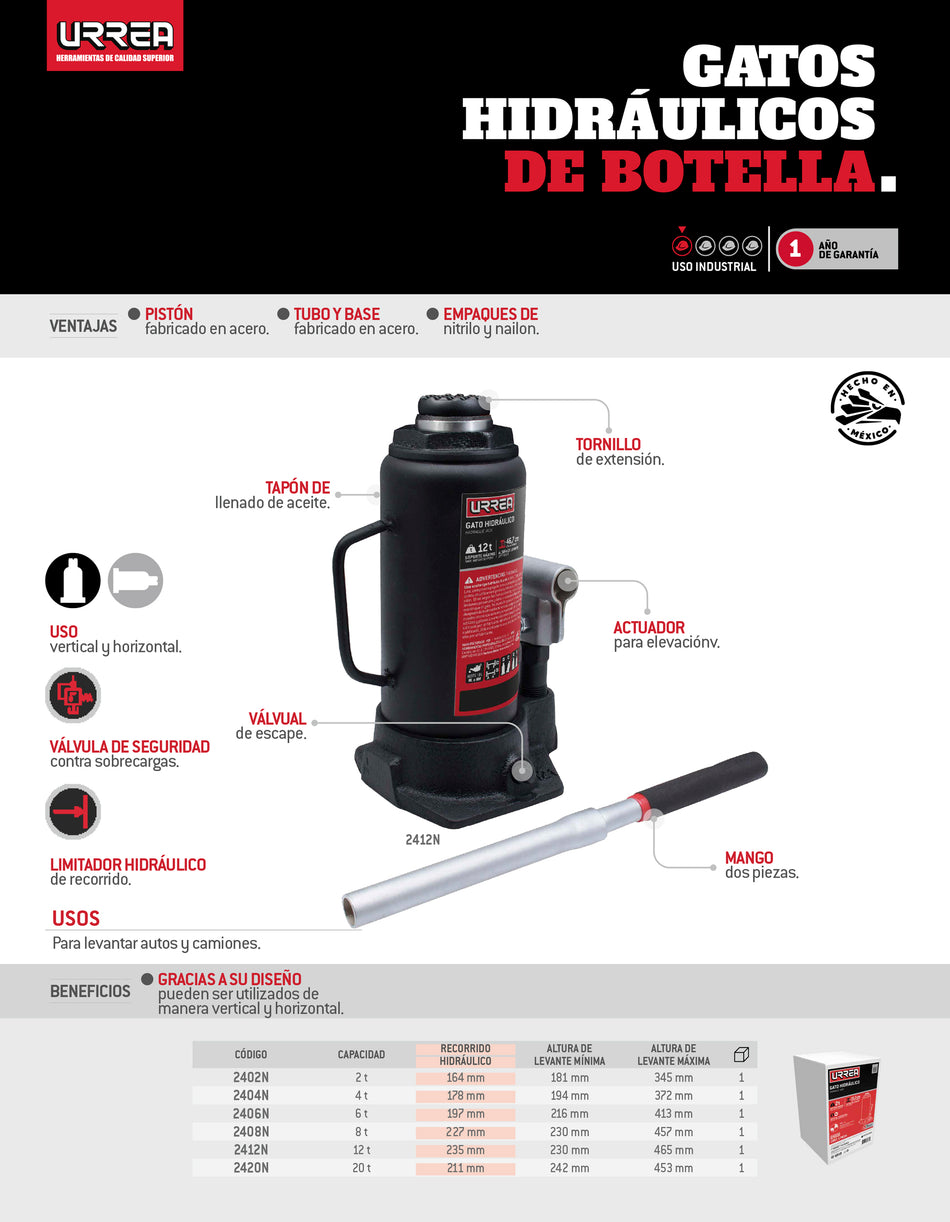 Gato hidráulico de botella, 12 ton Urrea